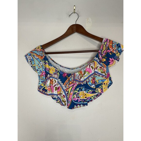 Trina Turk La Palma Ruffle Bandeau Bikini Top Off Shoulder Floral Blue Medium - Picture 1 of 4